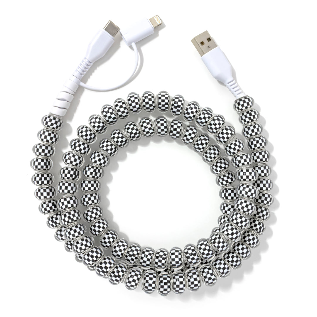 Beaded Phone Charger Black Checker