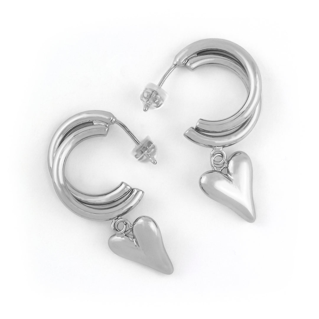 Double Hoop Heart Silver Earring
